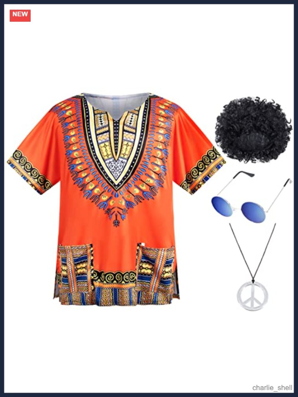 Mens 4 Pcs 60s 70s Hippie Costume Set Afro Wig Peace Necklace Sunglasses Tee